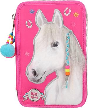 Bekijk leuke cadeautip : Miss melody 3-vaks paarden etui, gevuld roze